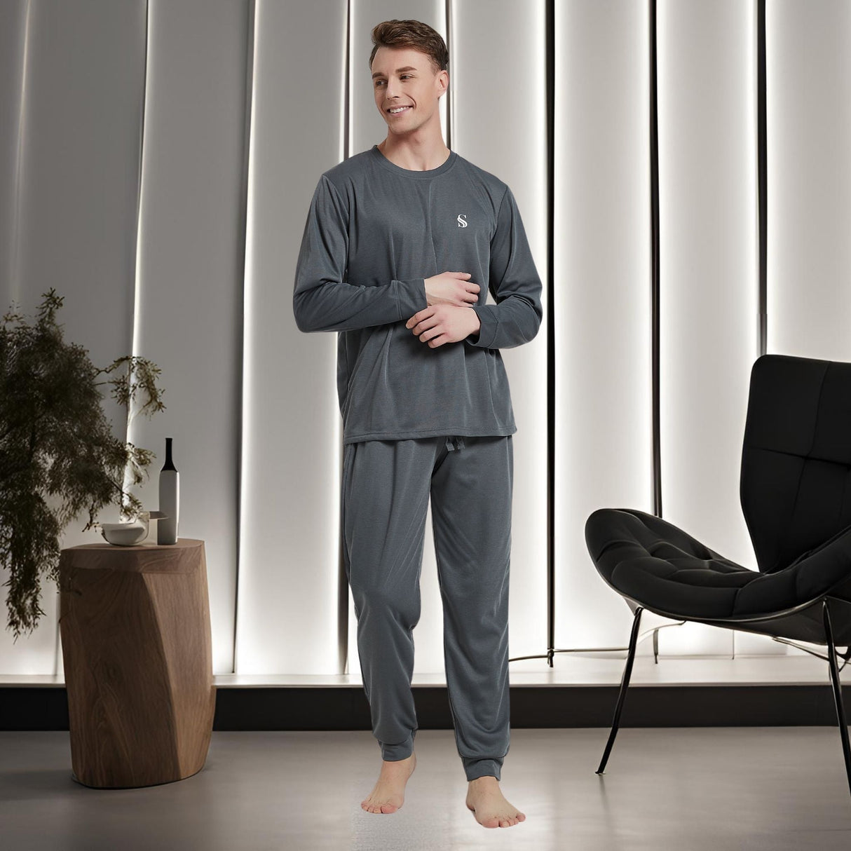 Men's Dark Grey Loungewear Set with Long Sleeve Pyjamas
