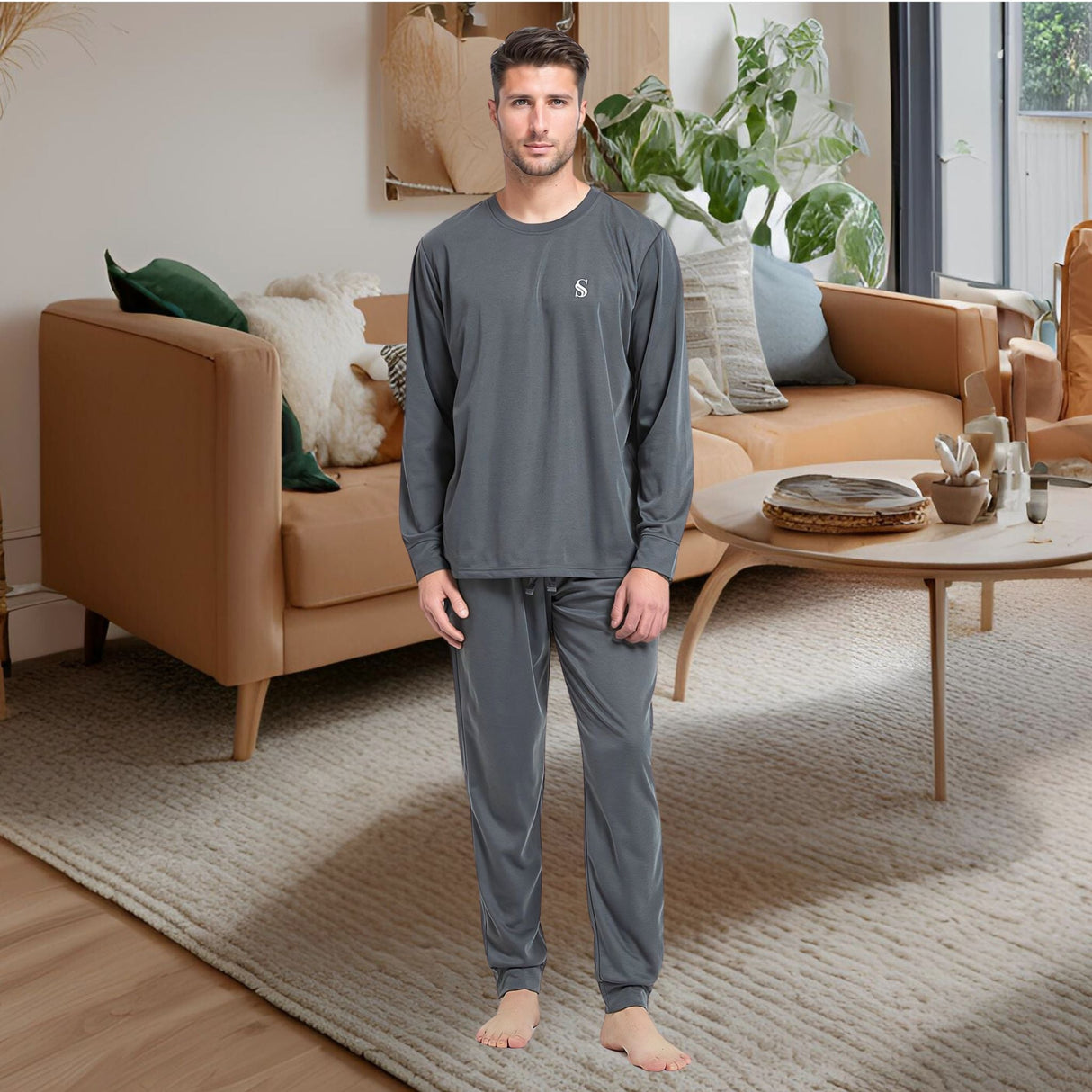 Men's Dark Grey Loungewear Set with Long Sleeve Pyjamas