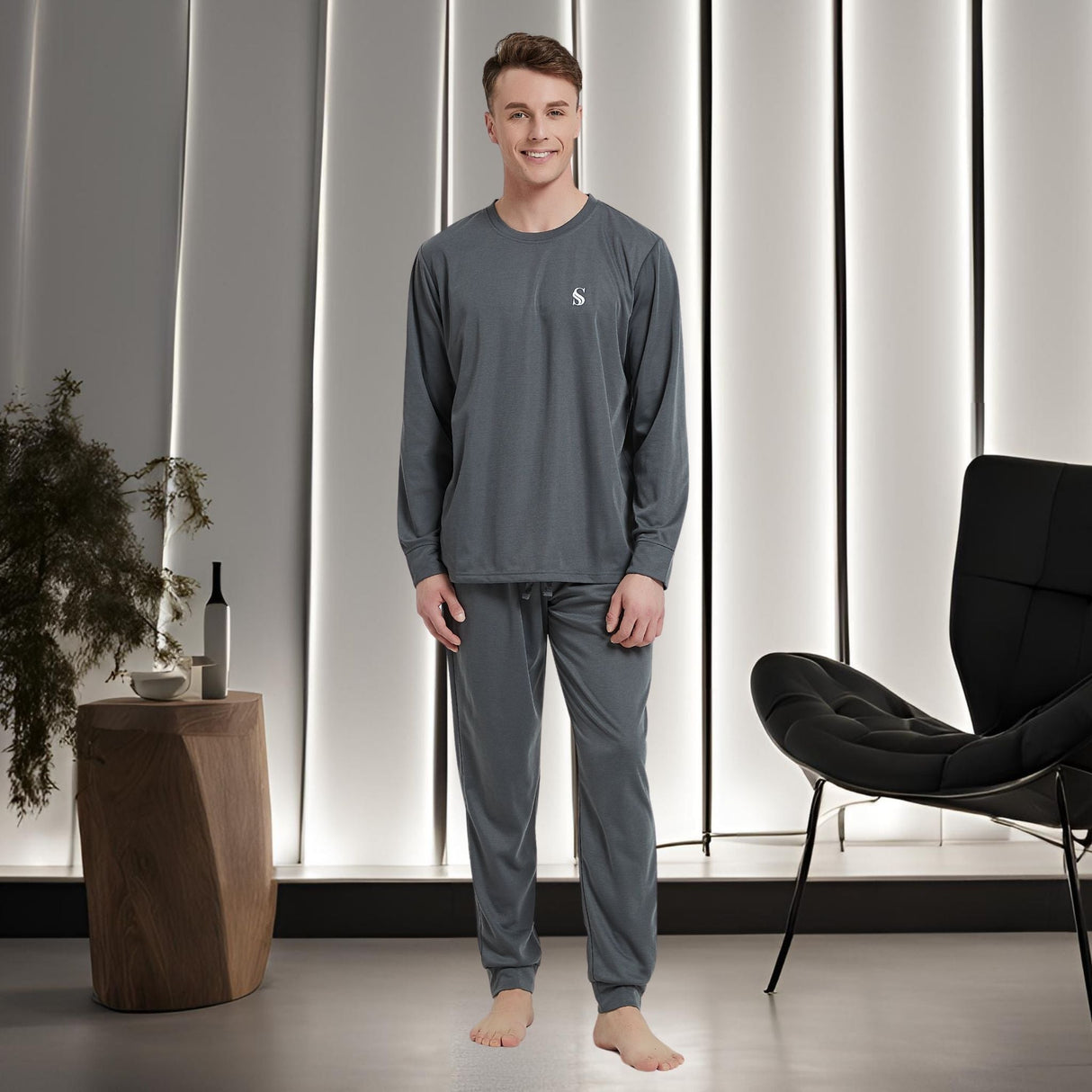 Men's Dark Grey Loungewear Set with Long Sleeve Pyjamas