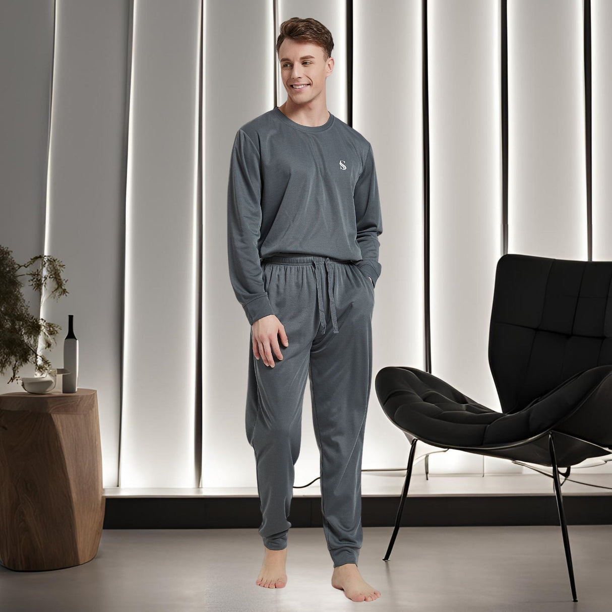 Men's Dark Grey Loungewear Set with Long Sleeve Pyjamas