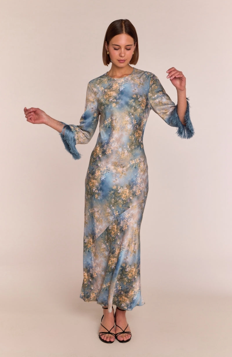 Dolly Fringe Sleeve Dress in Blue Print