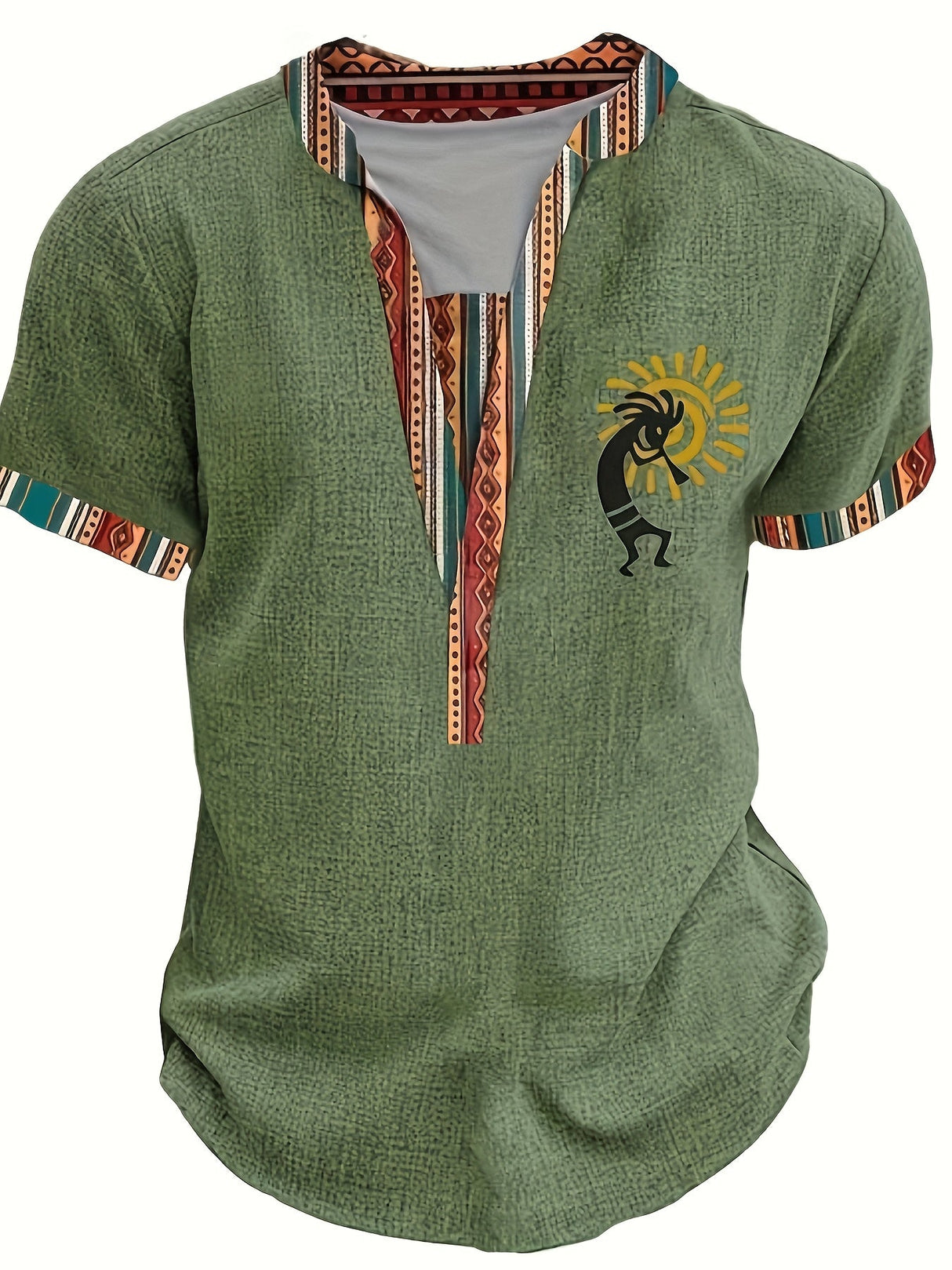 Men's Stylish Green Henley Shirt with Vibrant Tribal Pattern - Casual Short Sleeve V-Neck Tee for Summer, Polyester Knit Fabric, Casual V-neck Shirt