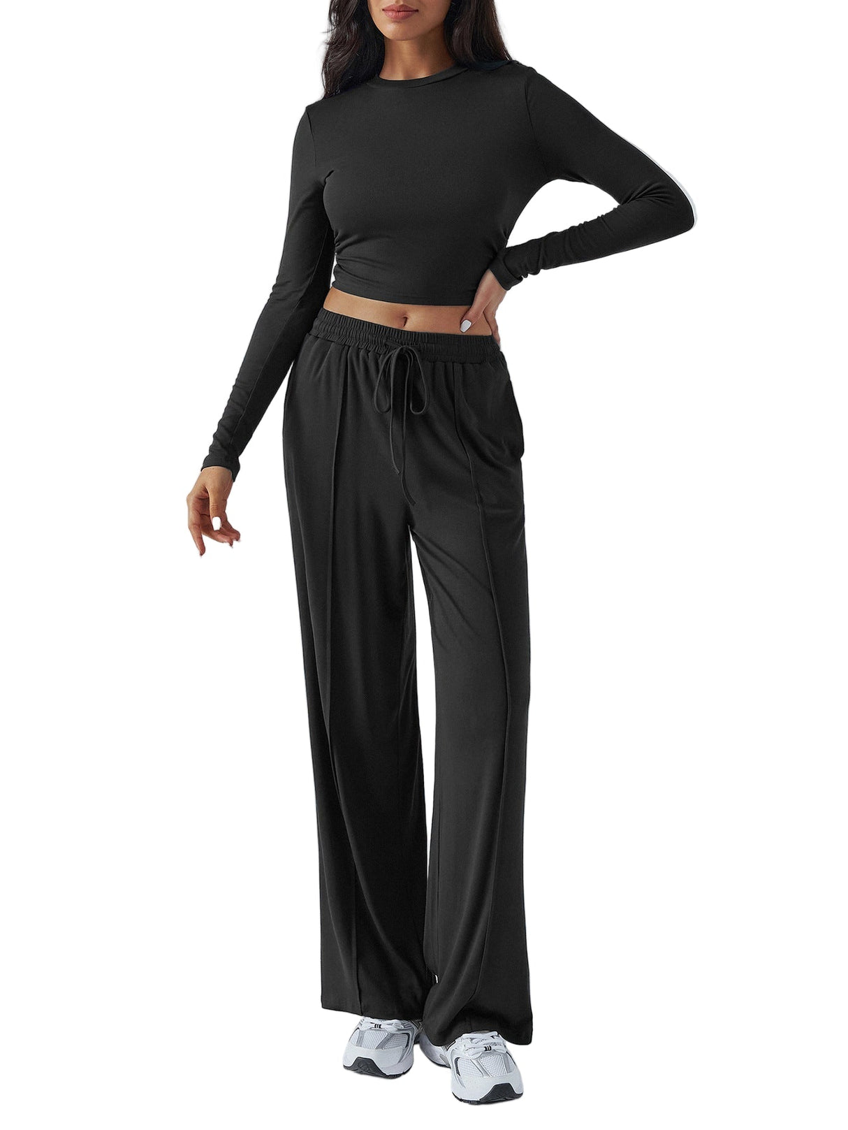 Women’s Wide-Leg Trousers & Waist-Tight Top Set – Solid Color Casual Fashion Suit