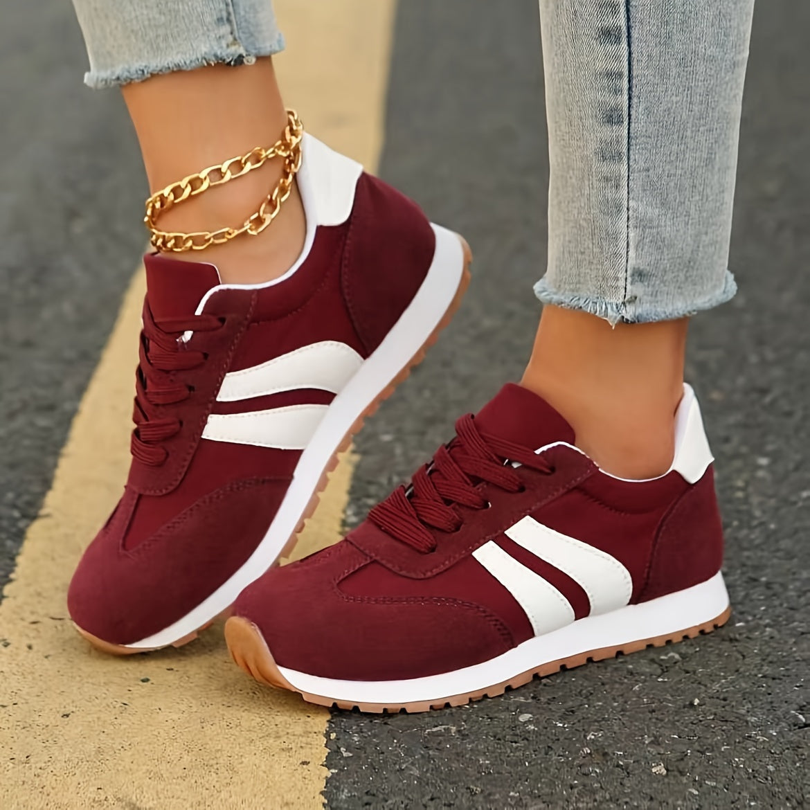 Women's Red Low Top Casual Lace Up Sports Shoes - Anti-Slip, Soft Sole, All-Season - Synthetic Upper, Rubber Sole, Fabric Insole