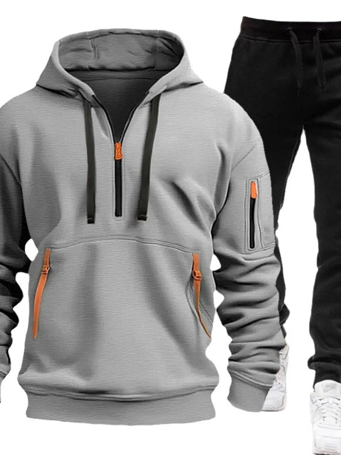 Men's Full Size Drawstring Half Zip Hoodie and Pants Set Plus Size