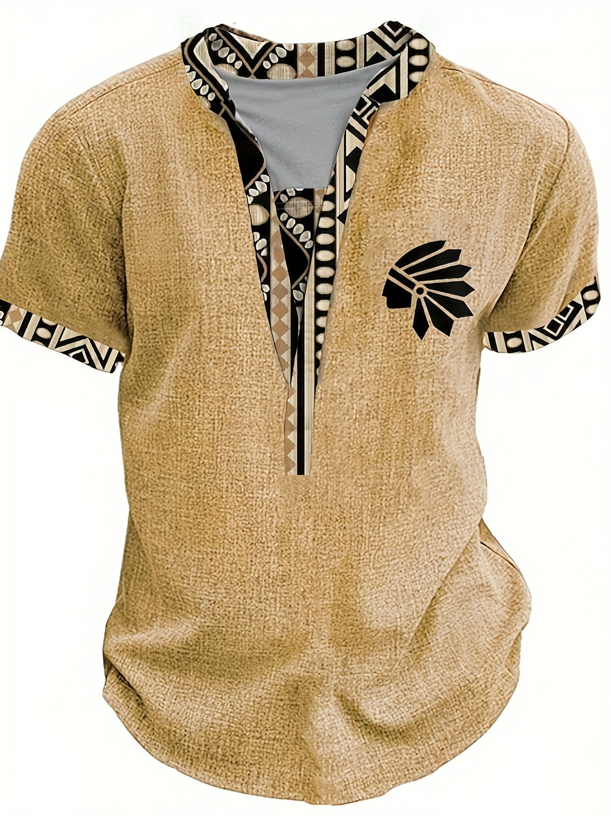 Men's Tribal Leaf V-Neck Henley Shirt - Short Sleeve Casual Summer Top