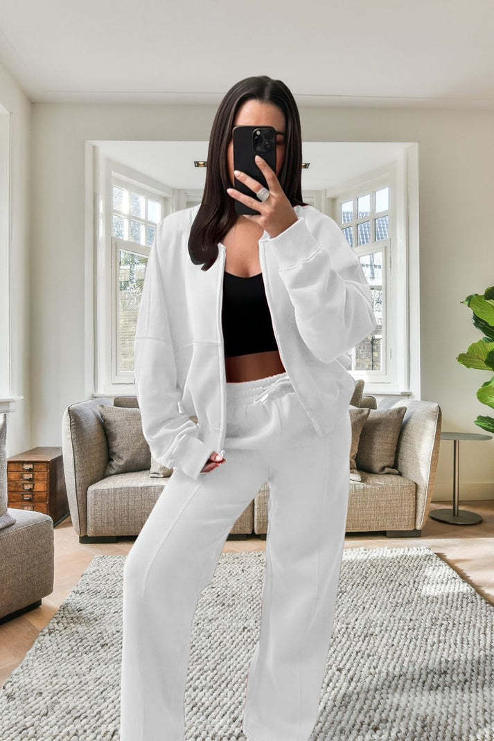Women's Oversized Fleece Bomber Tracksuit Zipper Jacket & Wide-Leg Pants Set
