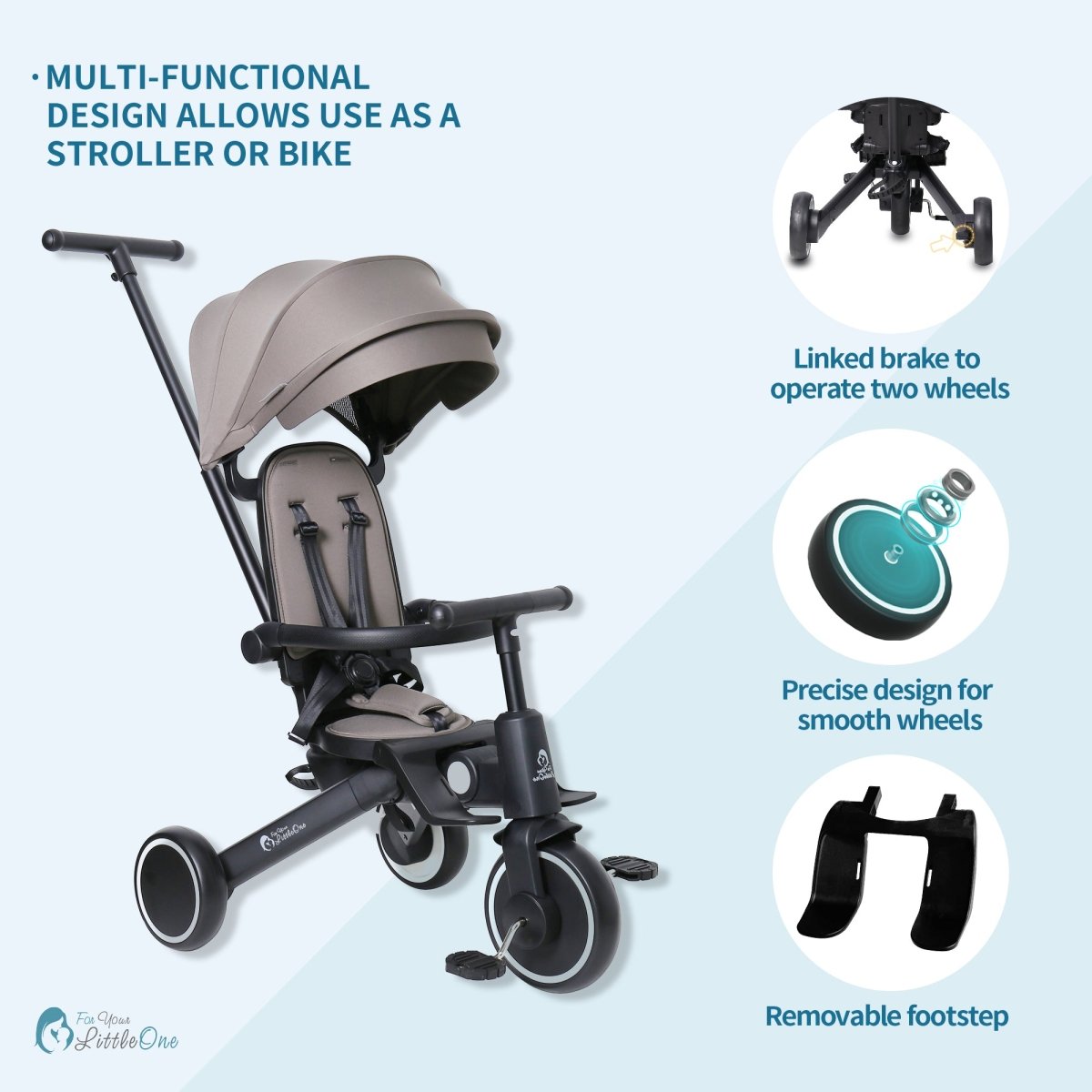 Foryourlittleone Xplor Ultimate 6 in 1 Foldable Trike - Grey Olive (10m-5y)