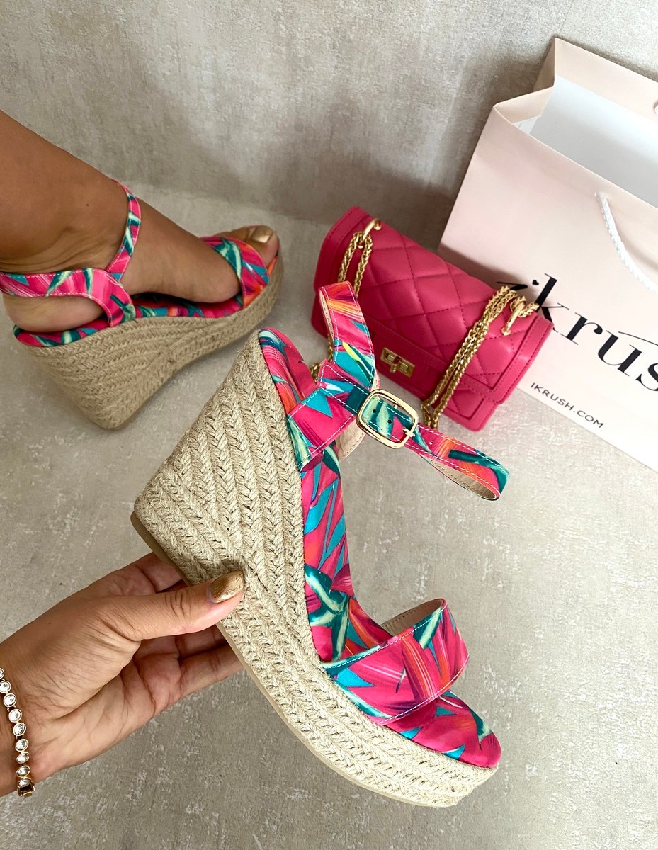 Printed Espadrille Sole Ankle Strap Wedge Sandals-1