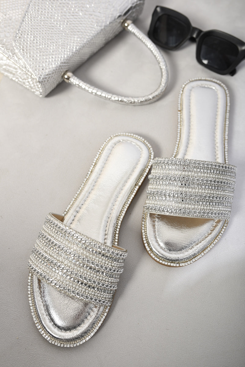 Open Toe Embellished Flat Sandals-0