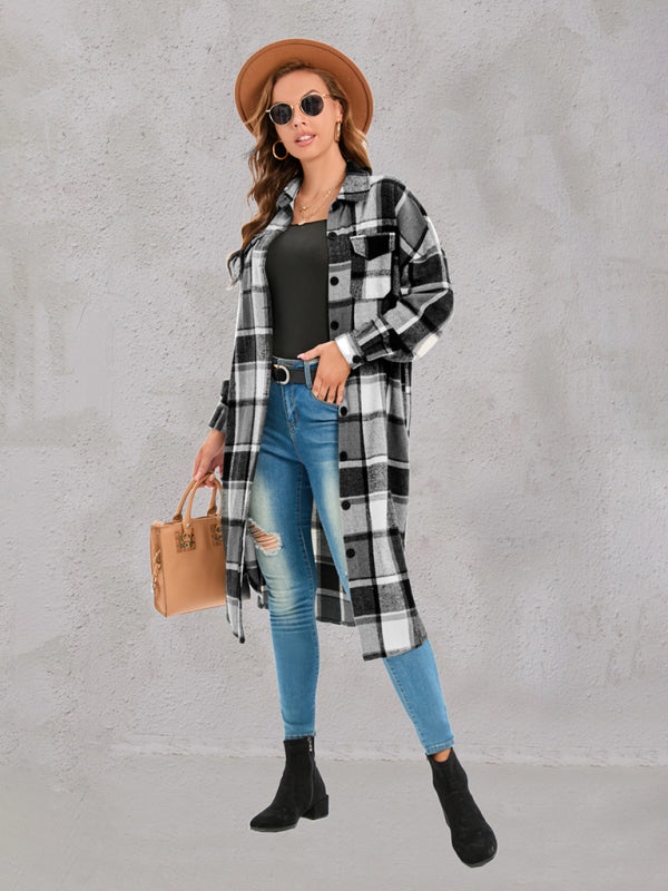 Women's Leopard Plaid Print Plush Stitching Contrast Color Warm Long Sleeve Jacket