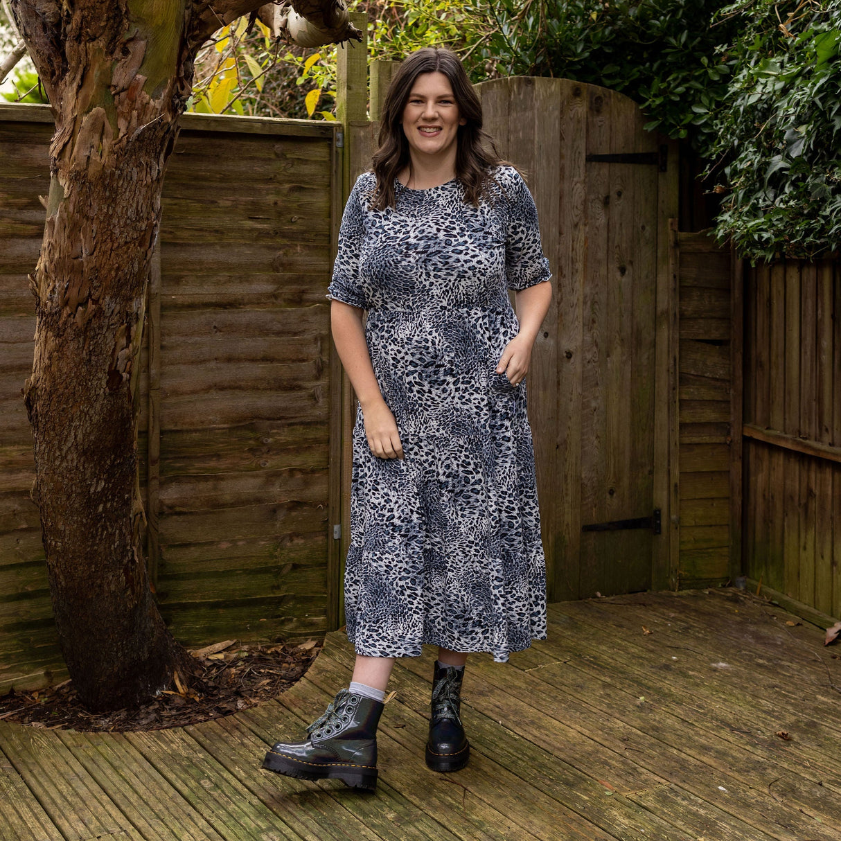 The Midi Breastfeeding Dress - Grey Leopard Cotton