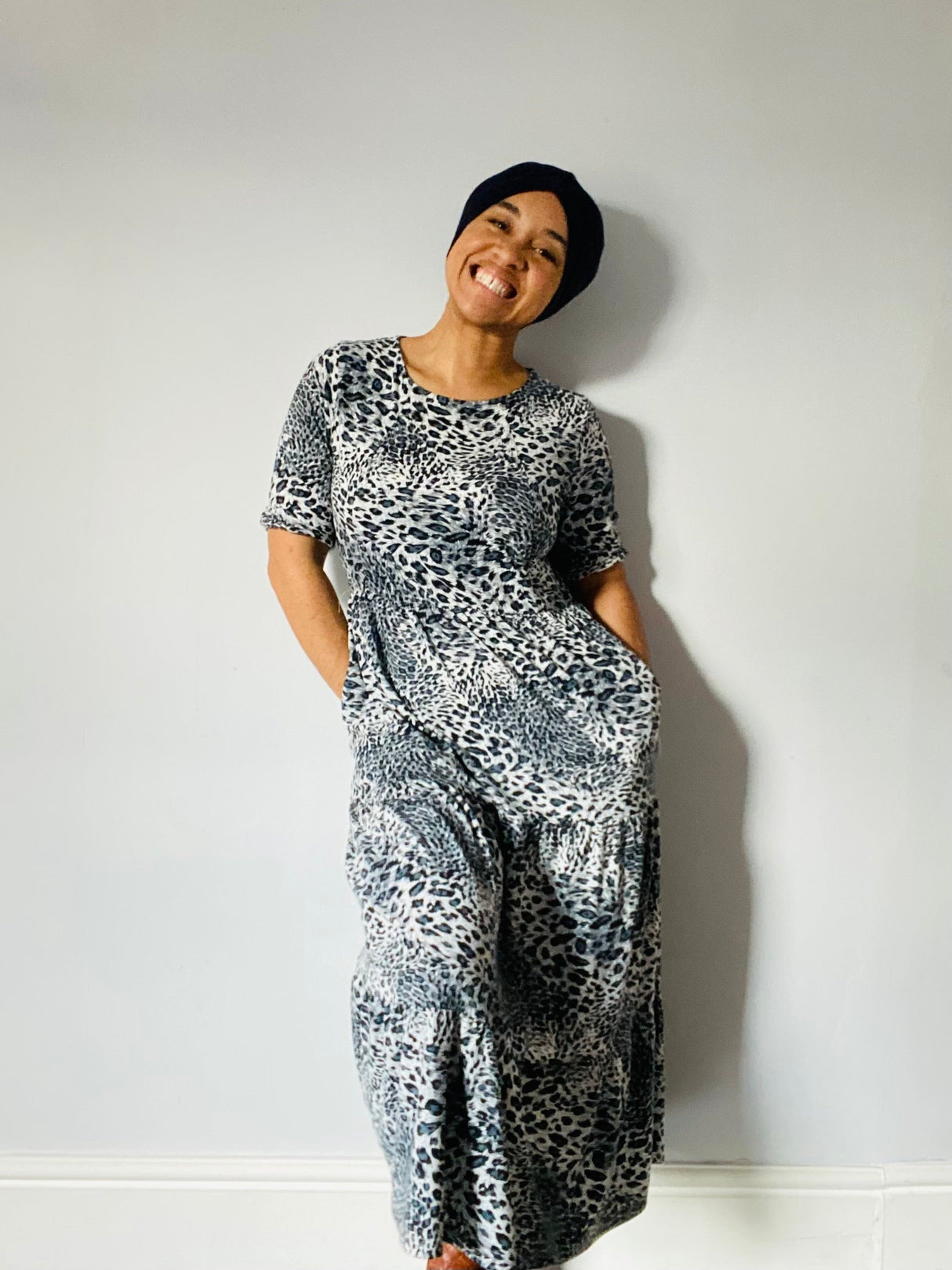 The Midi Breastfeeding Dress - Grey Leopard Cotton
