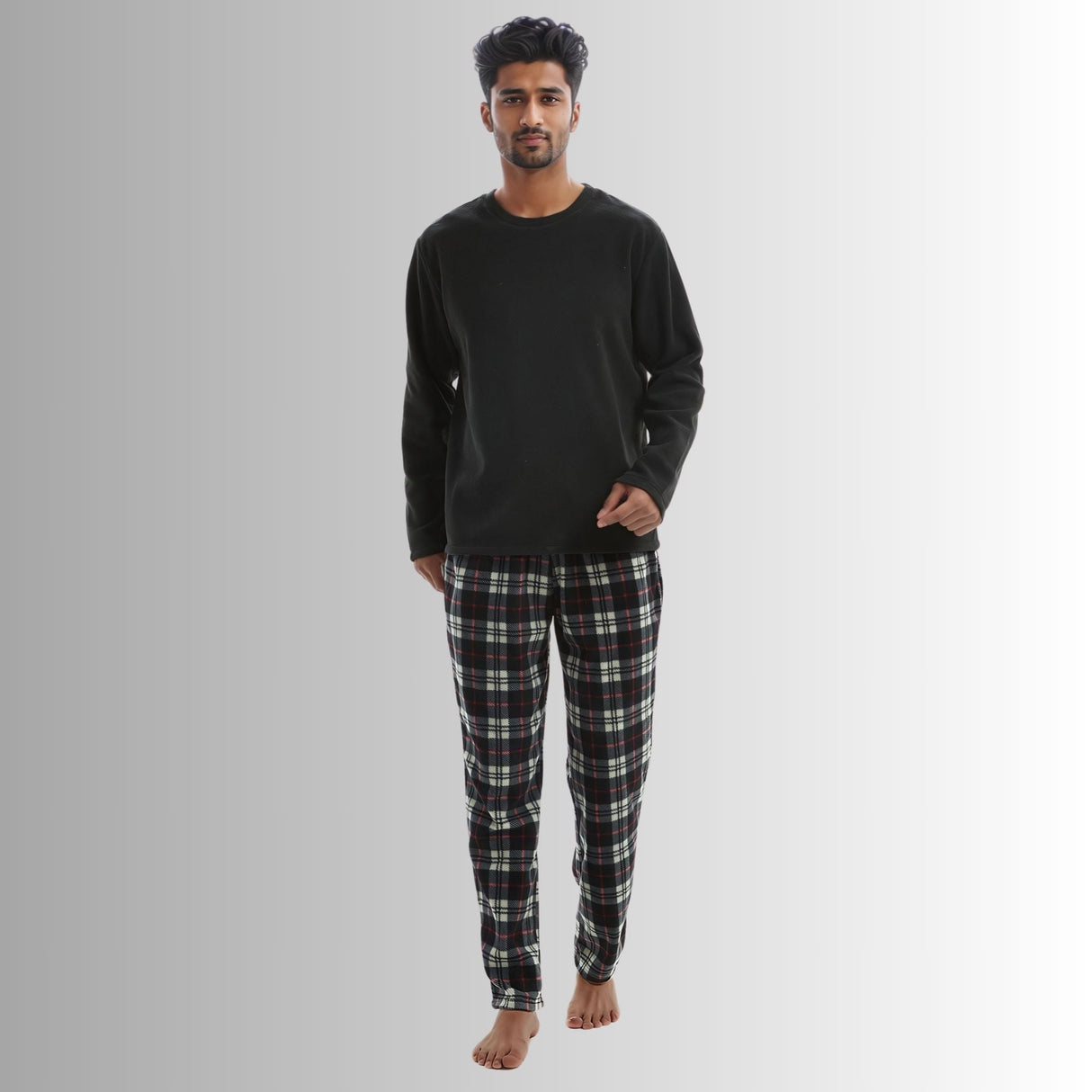 Men's Long Sleeve Thermal Fleece Pyjama Set in Black and Red.