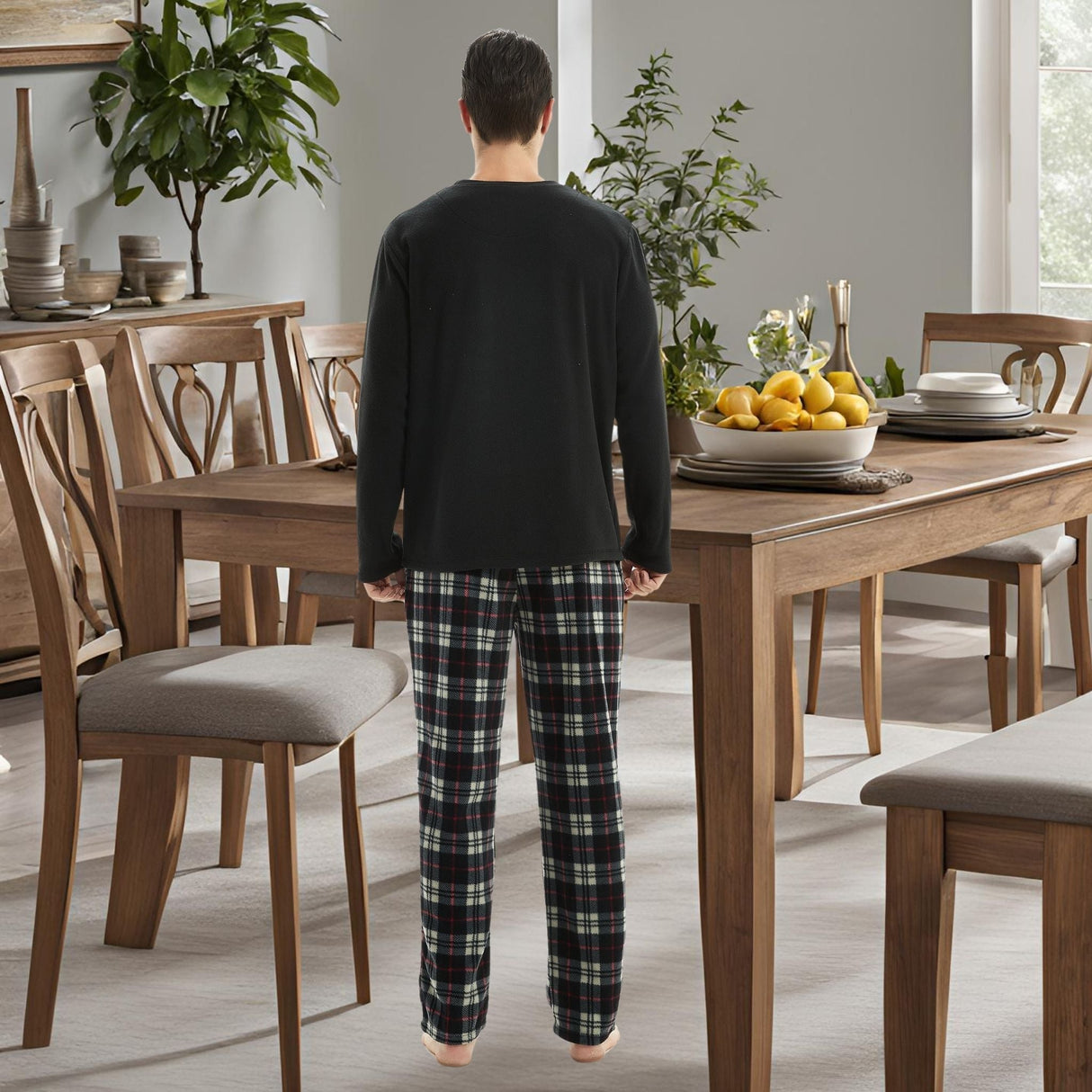 Men's Long Sleeve Thermal Fleece Pyjama Set in Black and Red.