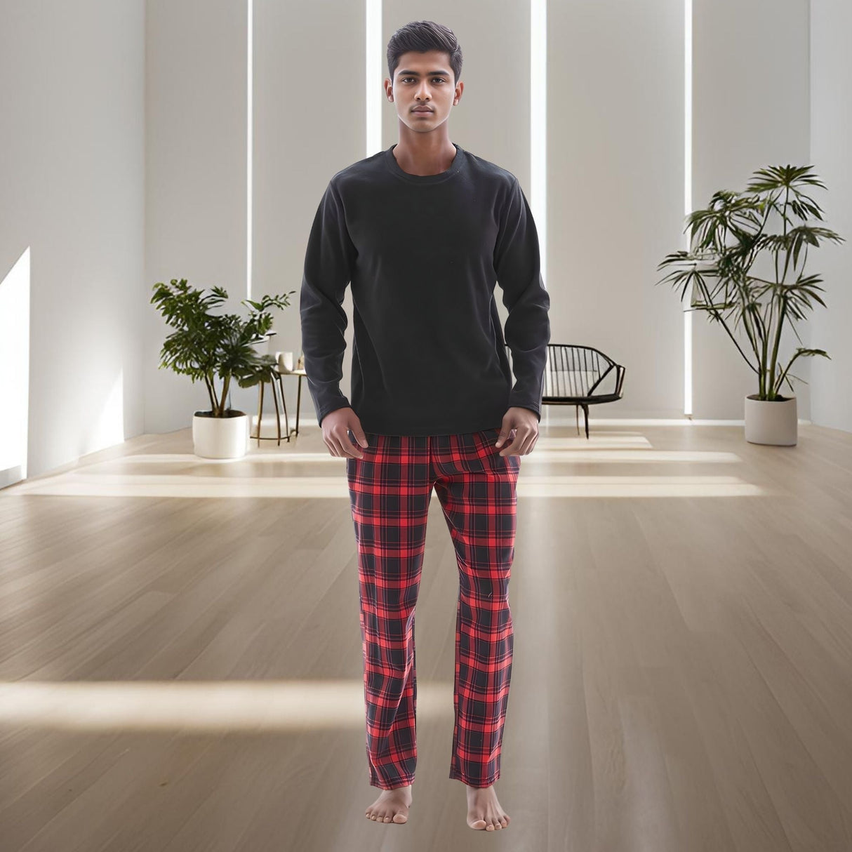 Men's Cozy Thermal Fleece Lounge Set with Check Flannel Pant