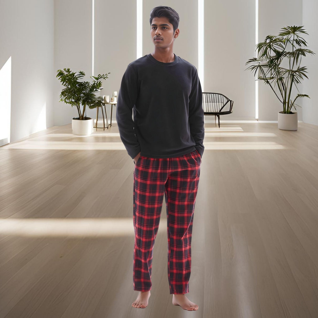 Men's Cozy Thermal Fleece Lounge Set with Check Flannel Pant