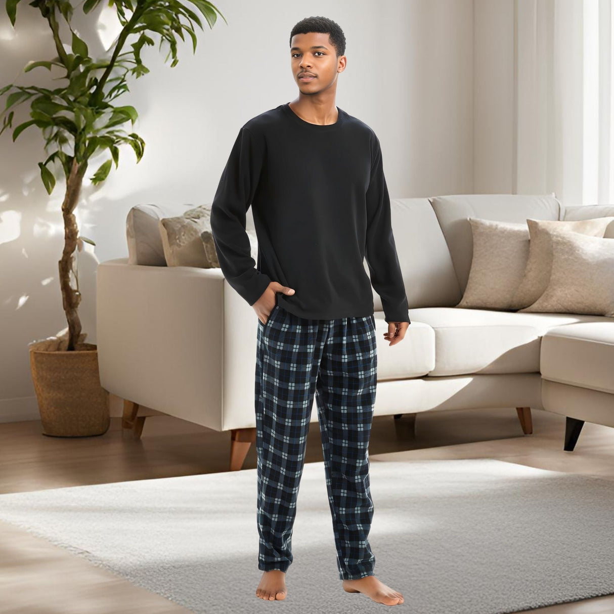 Men's Black Long Sleeve Pyjama Set made of Fleece Loungewear.
