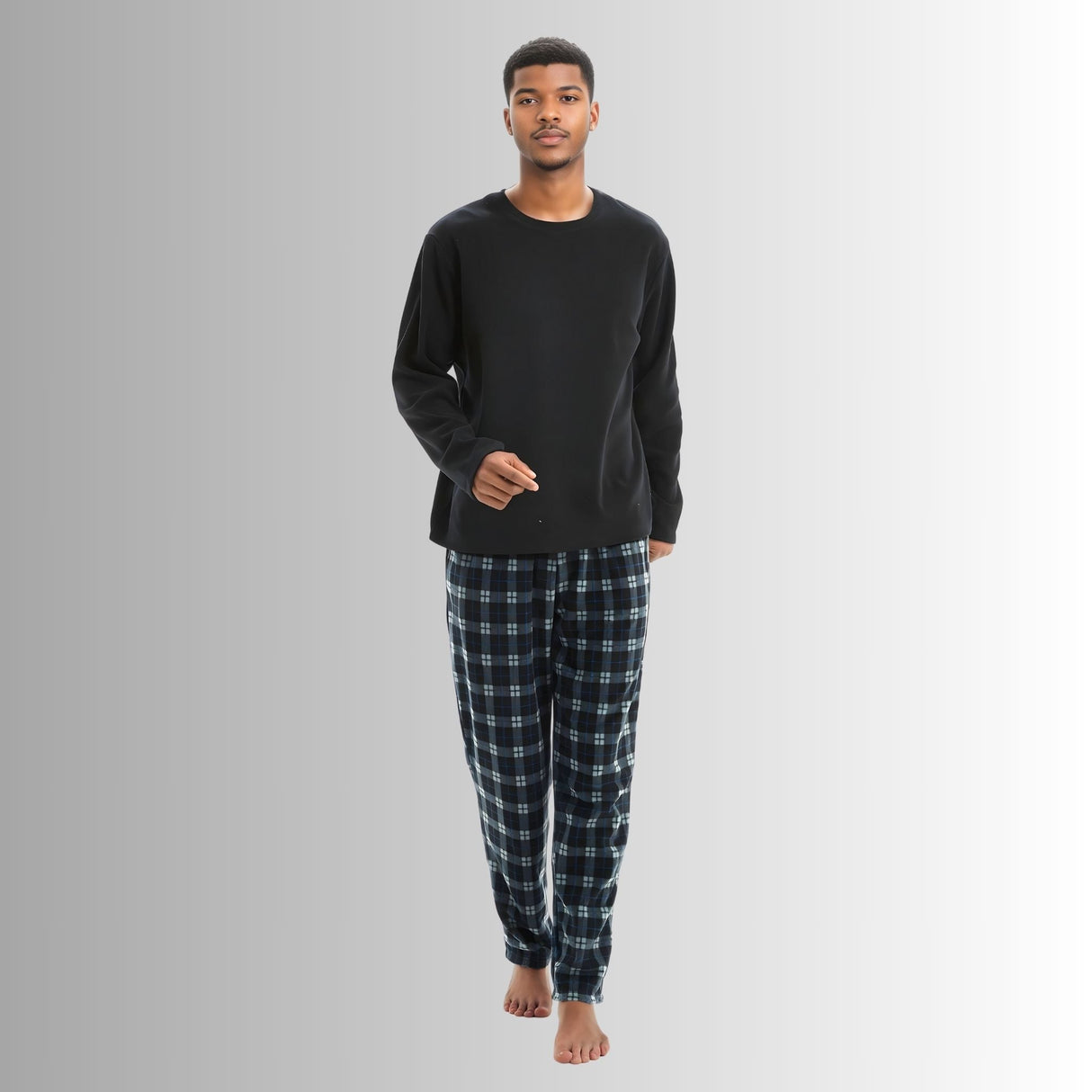 Men's Black Long Sleeve Pyjama Set made of Fleece Loungewear.