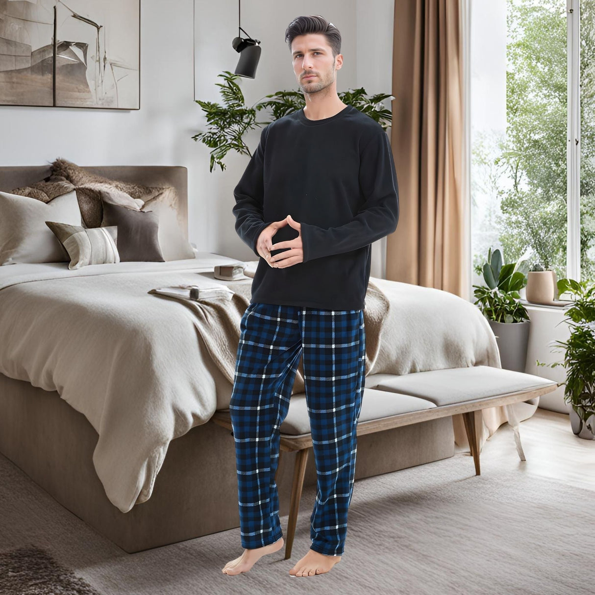 Mens Navy Check Thermal Fleece Pyjama Set with Luxury Design