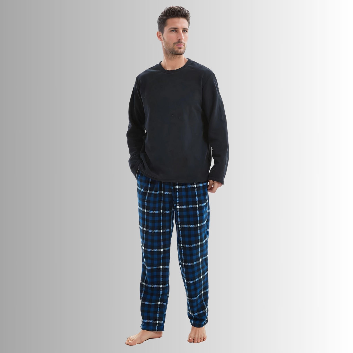 Mens Navy Check Thermal Fleece Pyjama Set with Luxury Design