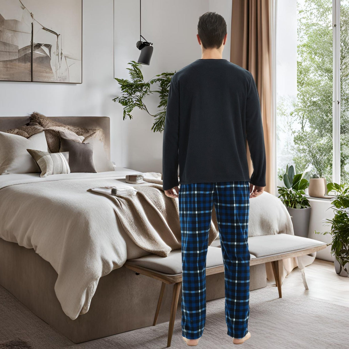 Mens Navy Check Thermal Fleece Pyjama Set with Luxury Design