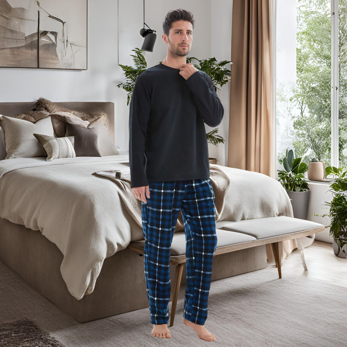 Mens Navy Check Thermal Fleece Pyjama Set with Luxury Design