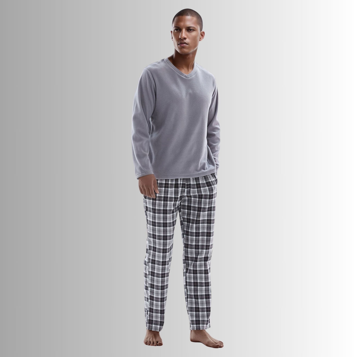 Men's Pyjama Sets: Fleece Top with Cotton Bottoms in Grey and Black