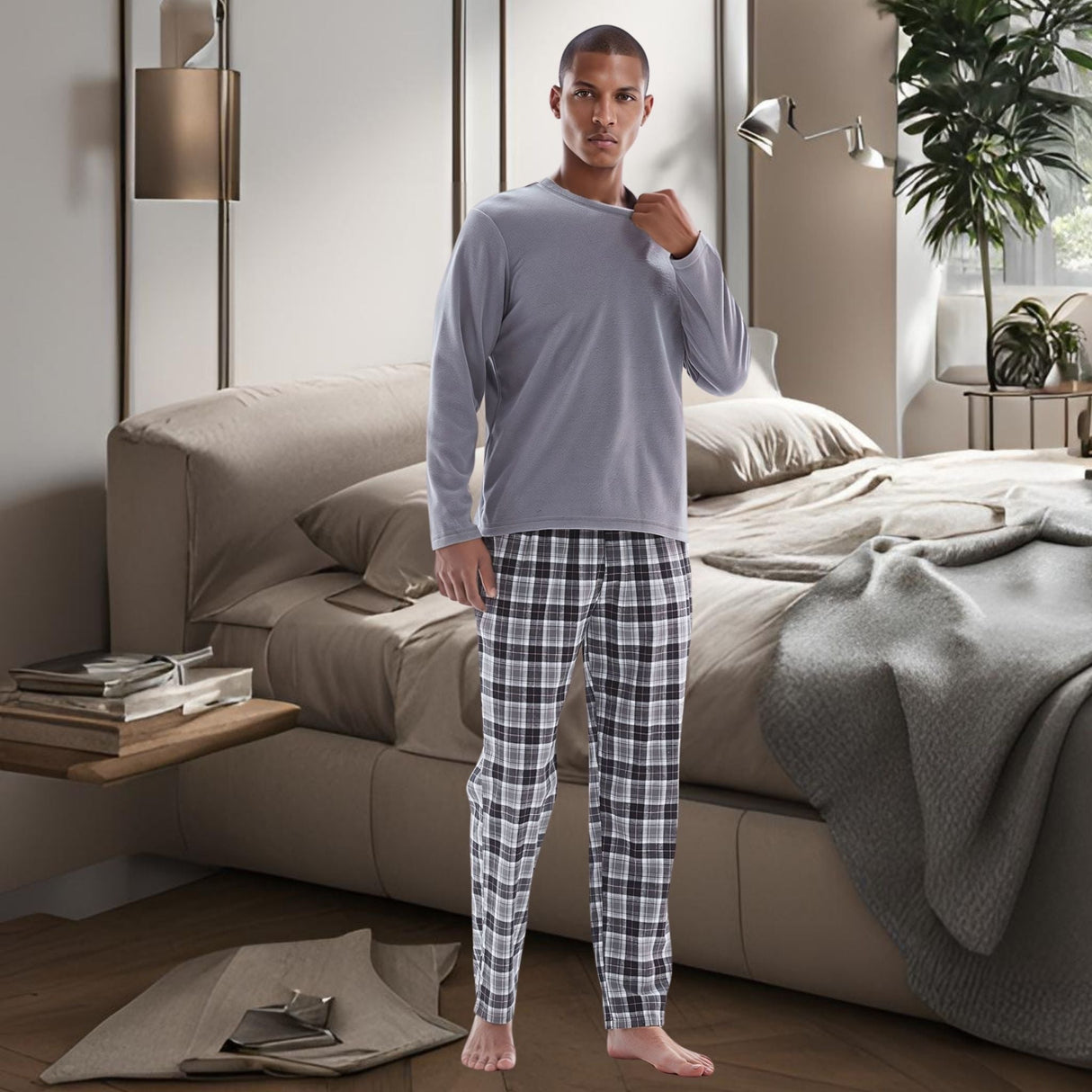 Men's Pyjama Sets: Fleece Top with Cotton Bottoms in Grey and Black