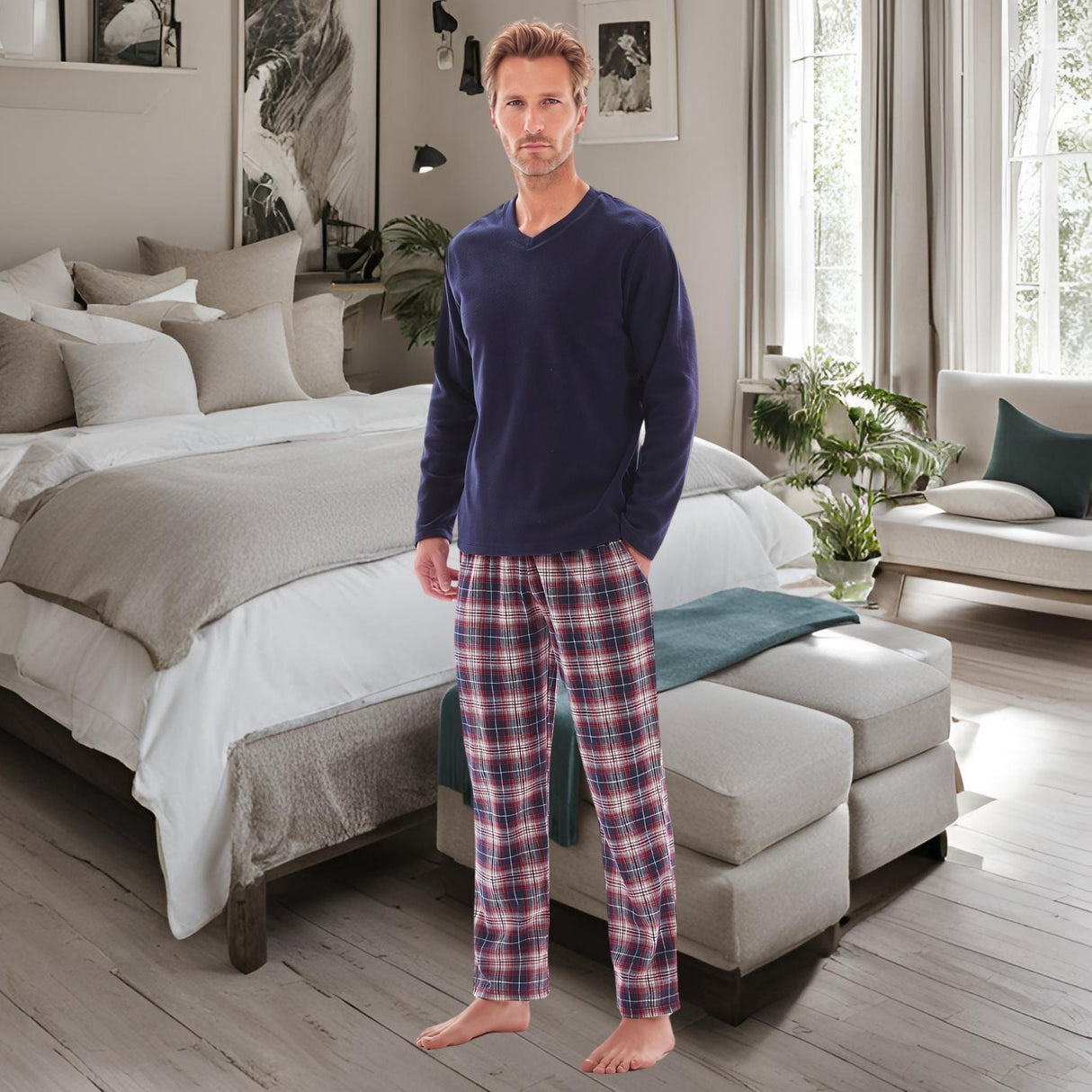 Men's Long Sleeve Pyjama Sets with Fleece Top and Cotton Flannelette Pajama Pants