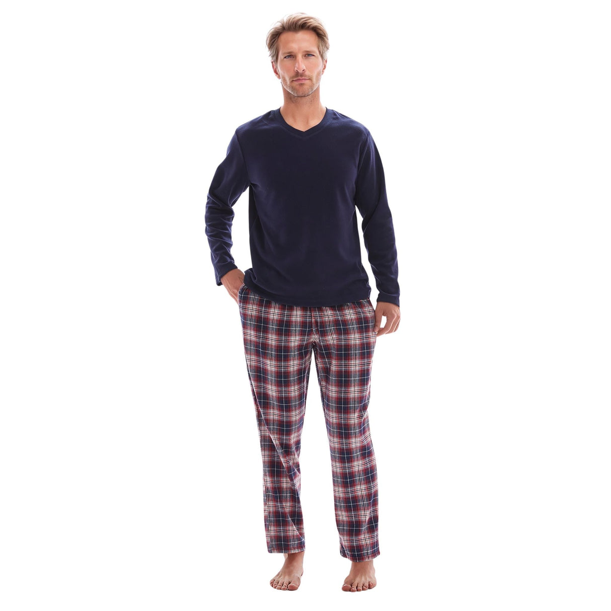 Men's Long Sleeve Pyjama Sets with Fleece Top and Cotton Flannelette Pajama Pants