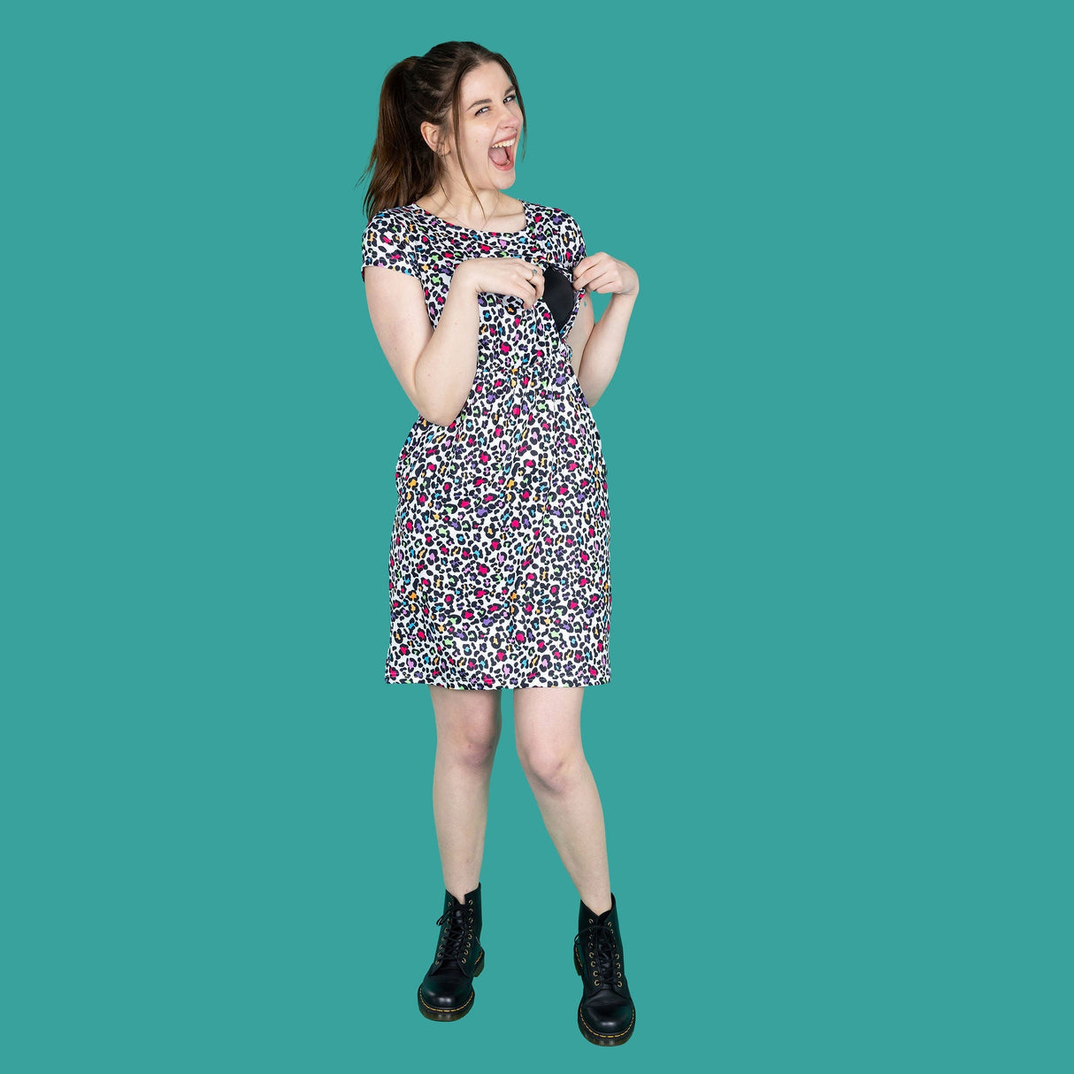 The Knee Length Breastfeeding Dress - Ruby Rainbow Leopard