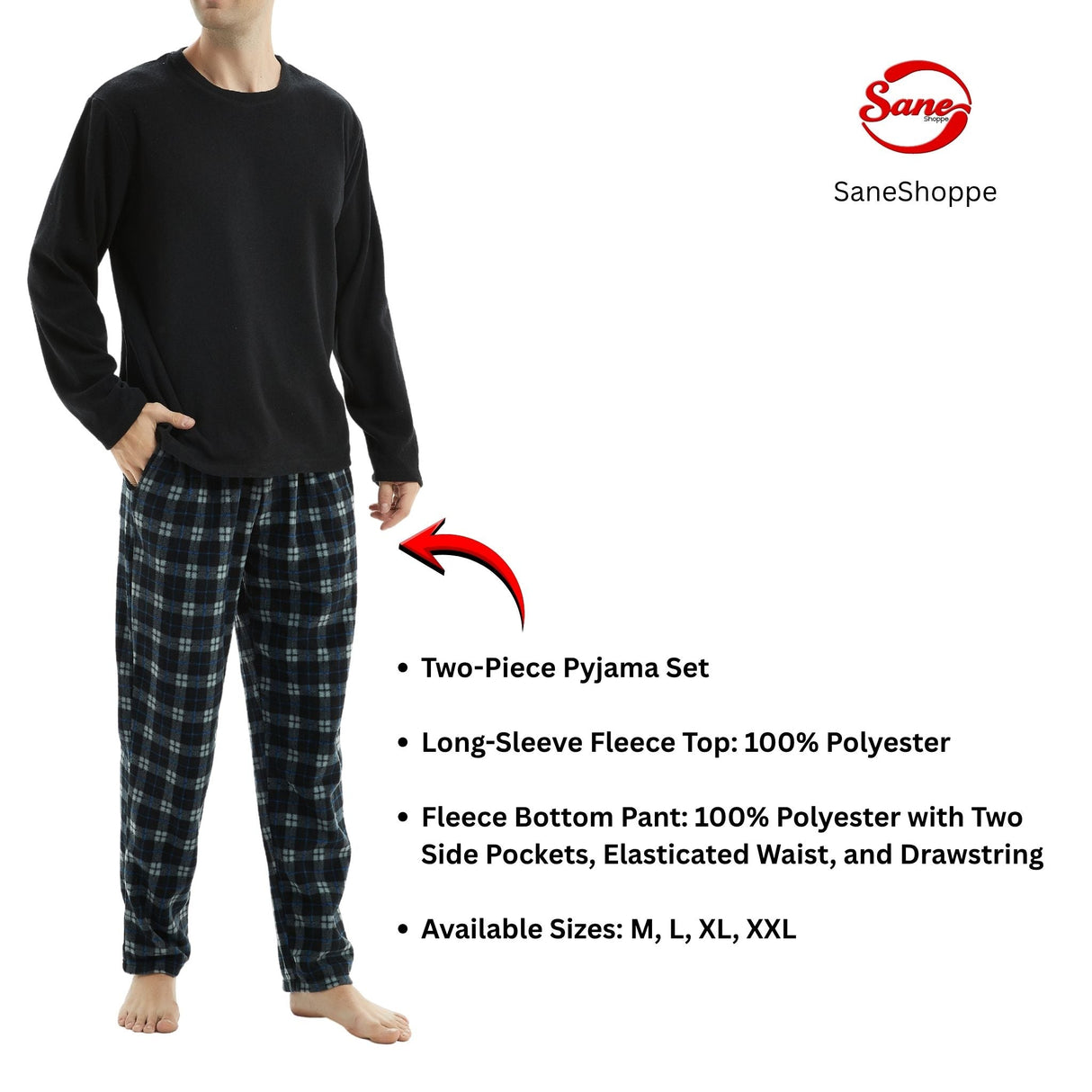 Men's Black Long Sleeve Pyjama Set made of Fleece Loungewear.