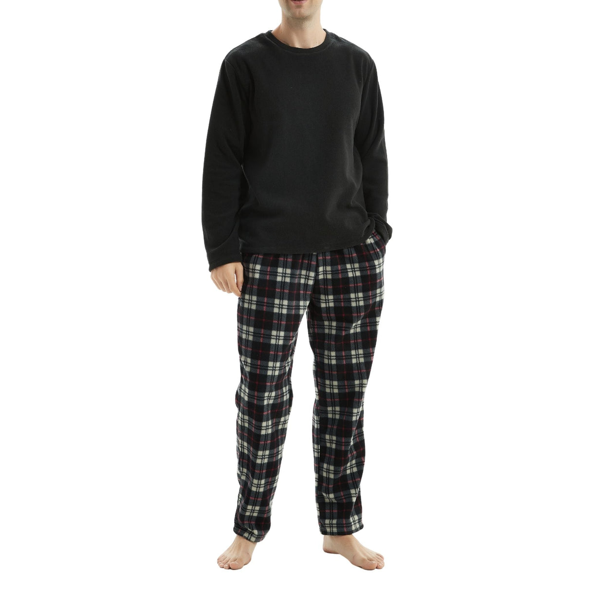 Men's Long Sleeve Thermal Fleece Pyjama Set in Black and Red.