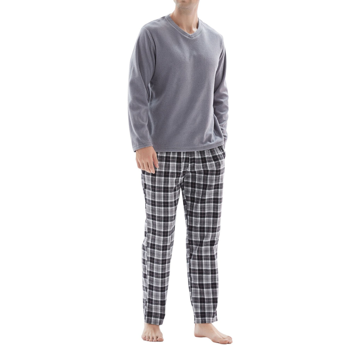 Men's Pyjama Sets: Fleece Top with Cotton Bottoms in Grey and Black