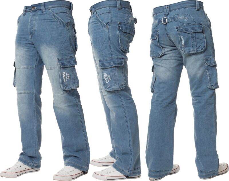 Mens Cargo Combat Jeans Enzo Designer Denim Casual Work Pants All Waist Sizes