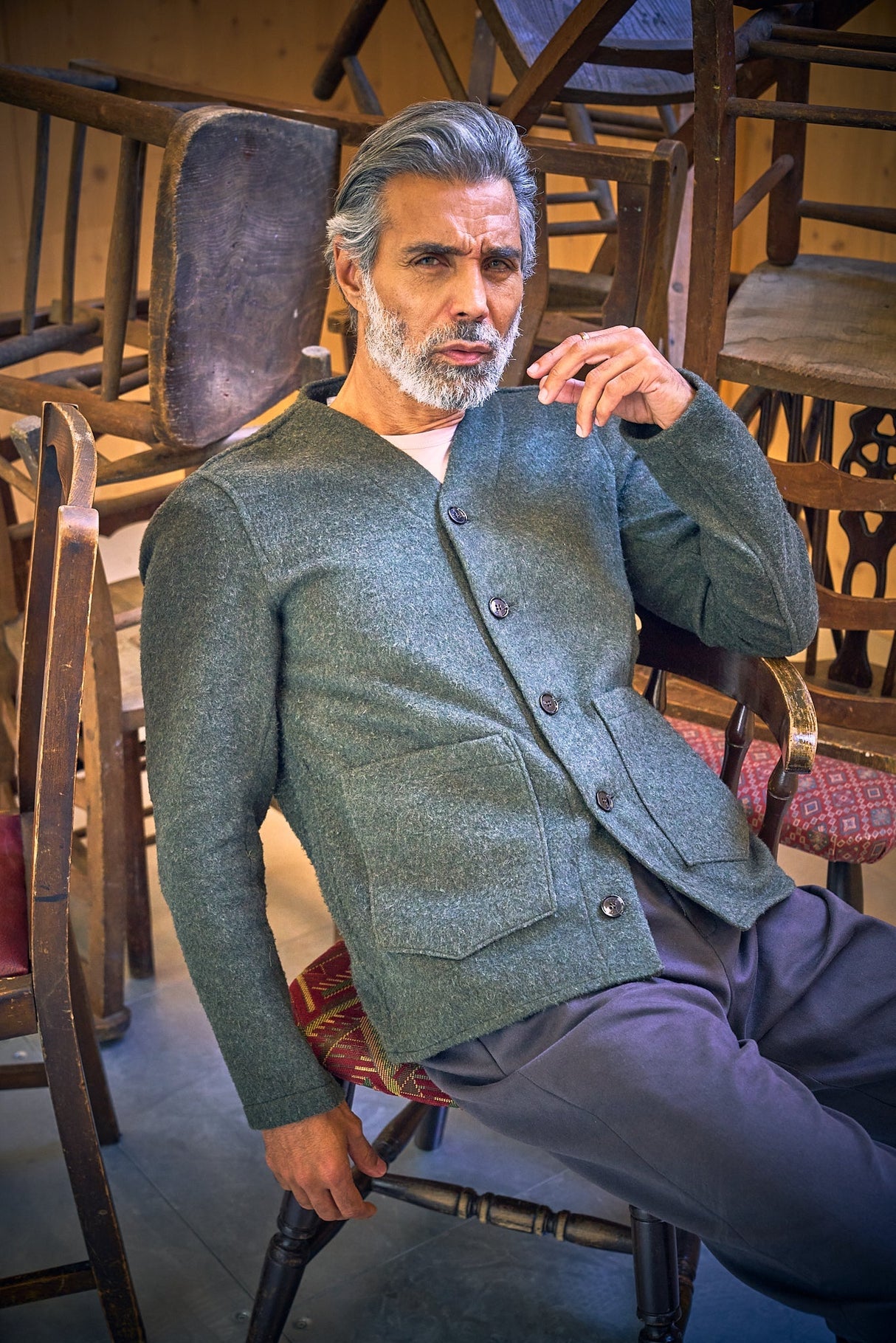 Fleming V-Neck Shacket - Olive Casentino Wool