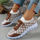 Women's Color block Plaid Fly knit Sneakers – Breathable Lace-Up Mesh Running & Walking Shoes