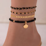 4pcs Set Bohemian Woven Rope Foot Chain For Men And Women Geometric Alloy Black Beads Dropping Oil Anklet Set Summer Fashion Jewellery