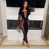 Solid Color Off-neck Sleeve Hollow Sexy Slim Fit One-piece Knitted Sheath Dress