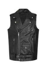 Men's Leather Biker Vest with Zipper, Belted Waist | Black