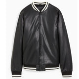 Men's Faux Leather Bomber Varsity Jacket, two side pockets, Black (Also Available in Real Leather) | Black