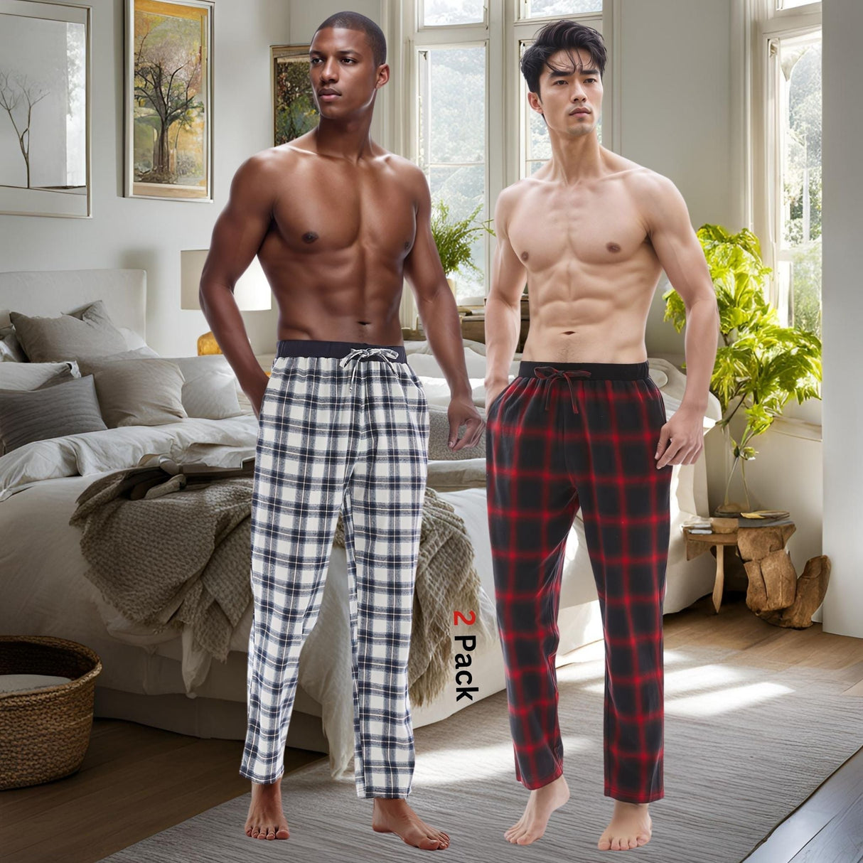 Men's Lightweight Cotton Flannel Pyjama Bottoms - Pack of 2