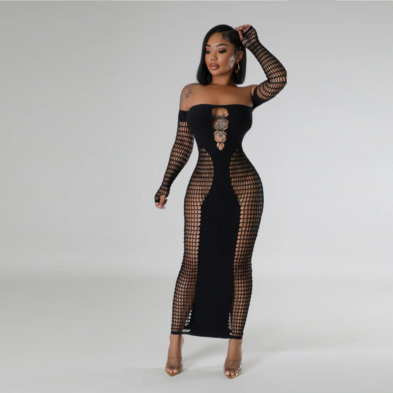 Solid Color Off-neck Sleeve Hollow Sexy Slim Fit One-piece Knitted Sheath Dress