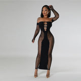 Solid Color Off-neck Sleeve Hollow Sexy Slim Fit One-piece Knitted Sheath Dress