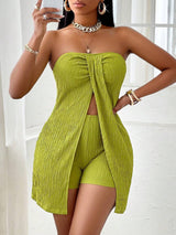 Solid Color Twisted Front Split Green Strapless Top And Shorts Set With Textured Fabric Design