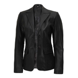 Women's Two Button Black Lambskin Leather Blazer Jacket | Black