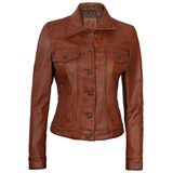 Women's Leather Harrington Moto Trucker Jacket | Brown
