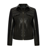 Women's Leather Trucker Jacket, Lambskin, Zip Front | Black