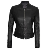 Women's Cafe Racer Motorcycle Leather Jacket, Stand Collar, Front Zipper | Black